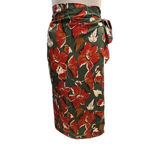 BALTIC BORN Tuscany Wrap Green Red Floral Midi Tie Skirt Size XL